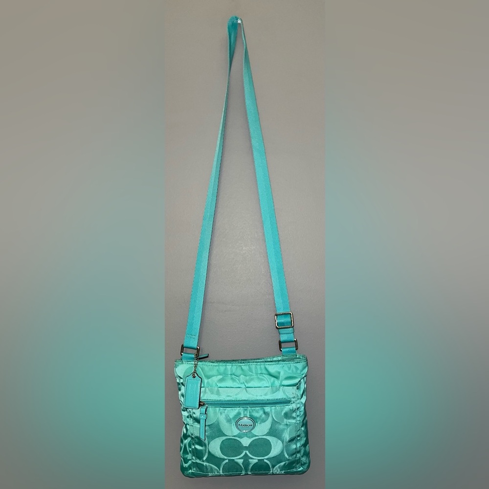 Coach Signature Nylon File Turquoise/Aqua Leather Trimmed Crossbody/Shoulder Bag